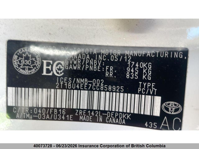 2012 Toyota Corolla S/le მანქანა იყიდება აუქციონზე, vin: 2T1BU4EE7CC858925, აუქციონის ნომერი: 40073728