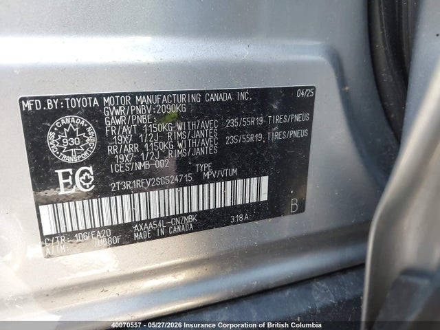 2025 Toyota Rav4 Xle/xle Premium მანქანა იყიდება აუქციონზე, vin: 2T3R1RFV2SC524715, აუქციონის ნომერი: 40070557