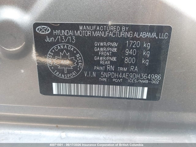 2013 Hyundai Elantra Gls/limited მანქანა იყიდება აუქციონზე, vin: 5NPDH4AE9DH364986, აუქციონის ნომერი: 40071501