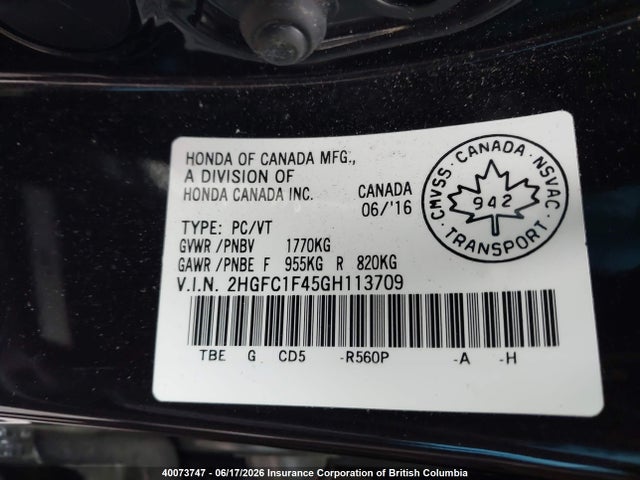 Honda Civic 2016 2HGFC1F45GH113709 Image 9