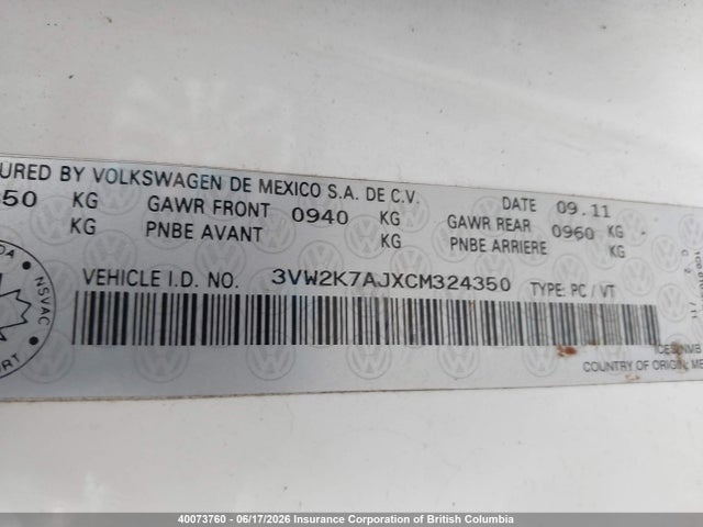 Продажа на аукционе авто 2012 Volkswagen Jetta, vin: 3VW2K7AJXCM324350, номер лота: 40073760