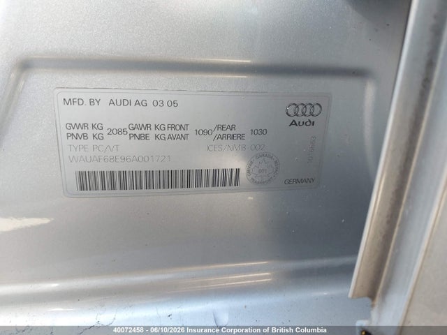 2006 Audi A4 2 Turbo მანქანა იყიდება აუქციონზე, vin: WAUAF68E96A001721, აუქციონის ნომერი: 40072458