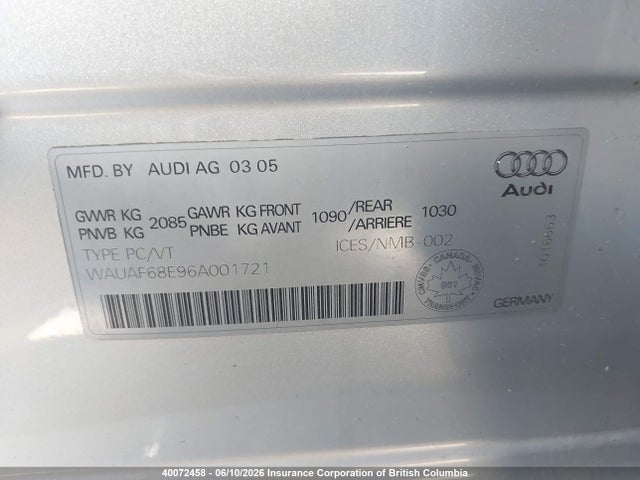 2006 Audi A4 2 Turbo მანქანა იყიდება აუქციონზე, vin: WAUAF68E96A001721, აუქციონის ნომერი: 40072458