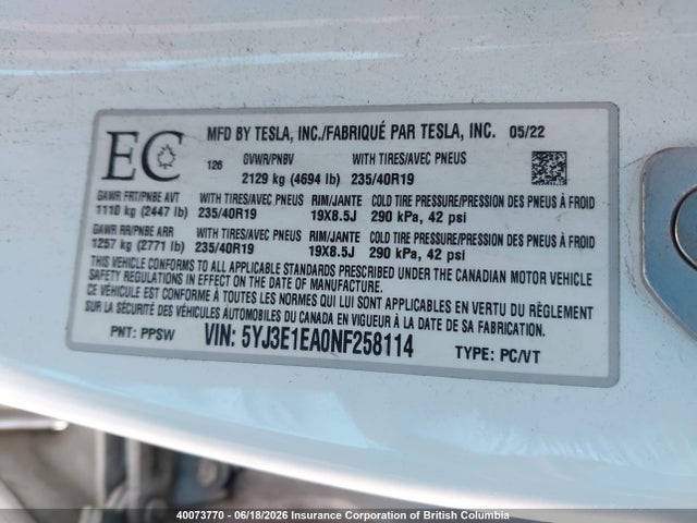Tesla MODEL 3 2022 5YJ3E1EA0NF258114 Image 9