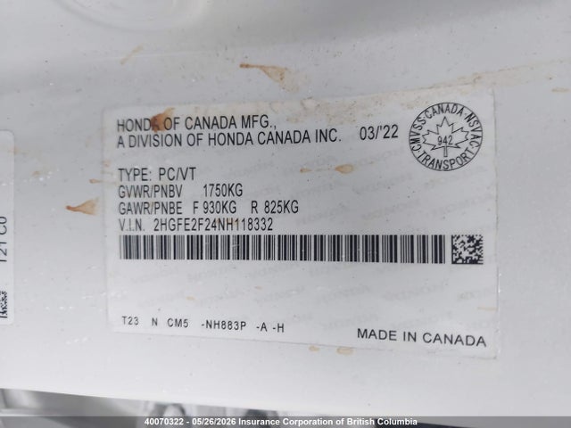 Продаж на аукціоні авто 2022 Honda Civic Sedan, vin: 2HGFE2F24NH118332, номер лоту: 40070322