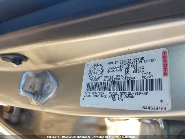 2000 Toyota Echo მანქანა იყიდება აუქციონზე, vin: JTDBT1236Y0087248, აუქციონის ნომერი: 40065776
