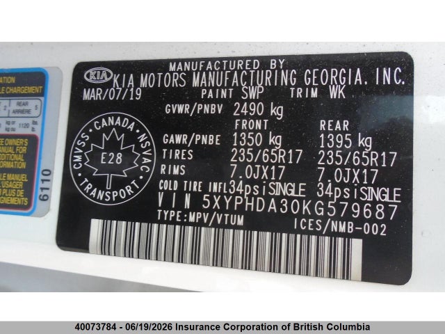 Продажа на аукционе авто 2019 Kia Sorento Ex, vin: 5XYPHDA30KG579687, номер лота: 40073784