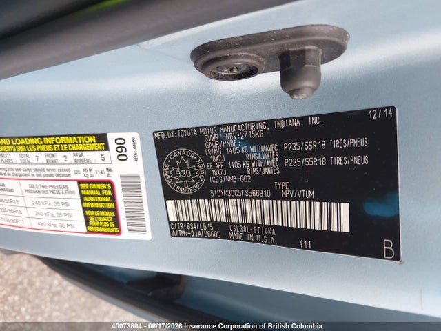 5TDYK3DC5FS566910 Toyota Sienna Xle/limited