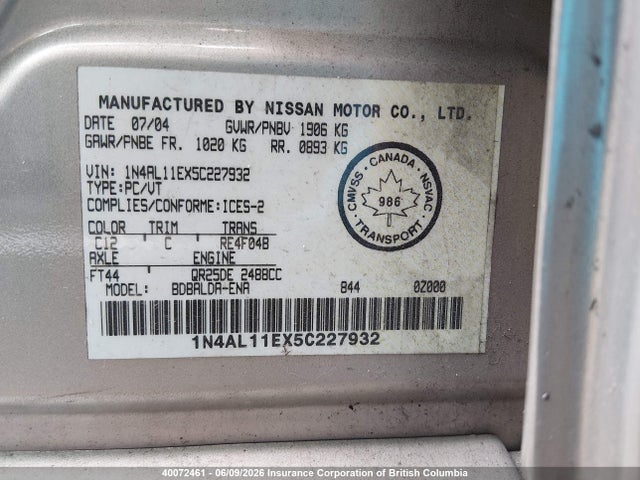Продаж на аукціоні авто 2005 Nissan Altima S/sl, vin: 1N4AL11EX5C227932, номер лоту: 40072461