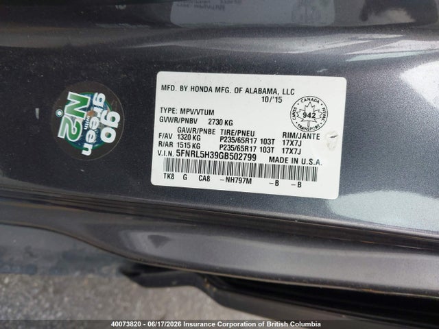 Продаж на аукціоні авто 2016 Honda Odyssey Se, vin: 5FNRL5H39GB502799, номер лоту: 40073820