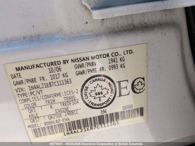 2007 Nissan Altima 2.5/2.5s მანქანა იყიდება აუქციონზე, vin: 1N4AL21E87C111363, აუქციონის ნომერი: 40070841