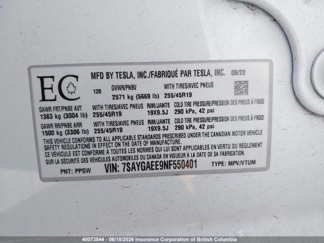 Tesla Model Y 2022 7SAYGAEE9NF550401 Image 9