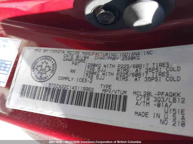 2004 Toyota Sienna Xle/xle Limited მანქანა იყიდება აუქციონზე, vin: 5TDZA22C14S119962, აუქციონის ნომერი: 40073849