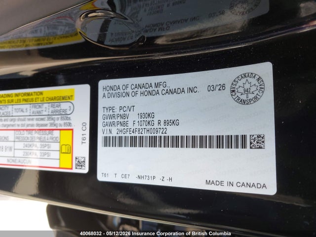 Продажа на аукционе авто 2026 Honda Civic Sport/sport Touring, vin: 2HGFE4F82TH009722, номер лота: 40068032
