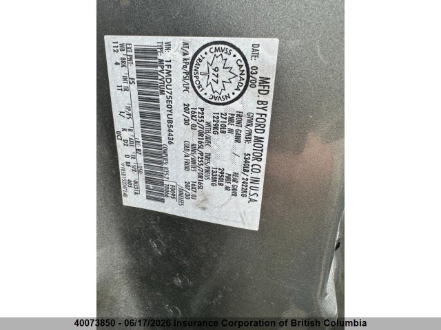 40073850 :رقم المزاد ، 1FMDU75E0YUB54436 vin ، 2000 Ford Explorer Limited مزاد بيع