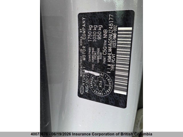 KMHLM4AG5NU248177 Hyundai ELANTRA SEL