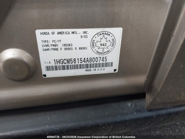 Продаж на аукціоні авто 2004 Honda Accord Dx, vin: 1HGCM56154A800745, номер лоту: 40064735