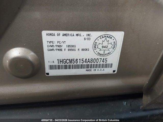 Продаж на аукціоні авто 2004 Honda Accord Dx, vin: 1HGCM56154A800745, номер лоту: 40064735