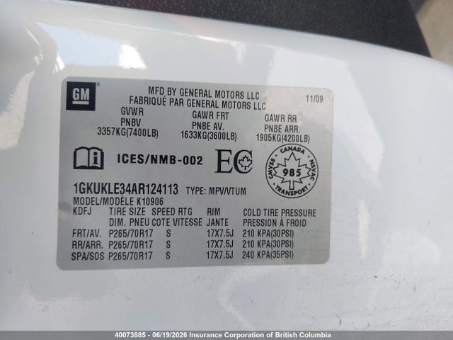 2010 Gmc Yukon მანქანა იყიდება აუქციონზე, vin: 1GKUKLE34AR124113, აუქციონის ნომერი: 40073885