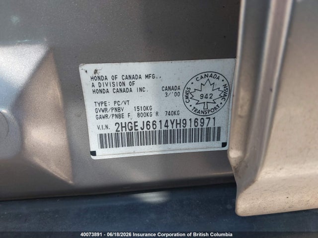 Продаж на аукціоні авто 2000 Honda Civic, vin: 2HGEJ6614YH916971, номер лоту: 40073891