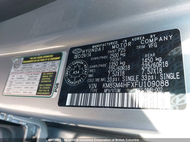 Продаж на аукціоні авто 2015 Hyundai Santa Fe Gls, vin: KM8SM4HFXFU109088, номер лоту: 40073901