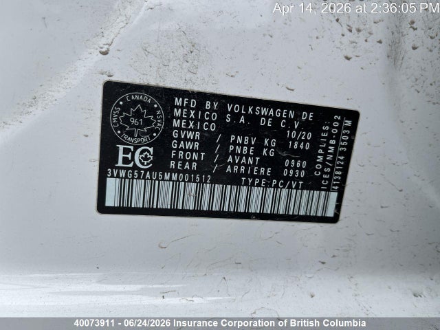 2021 Volkswagen Golf მანქანა იყიდება აუქციონზე, vin: 3VWG57AU5MM001512, აუქციონის ნომერი: 40073911