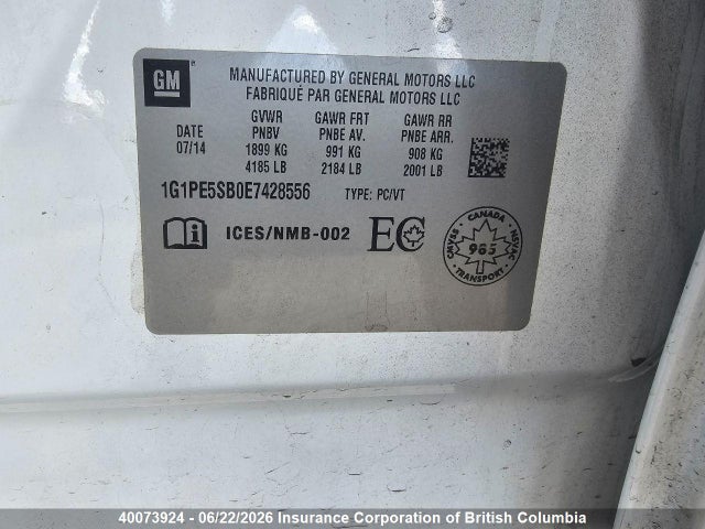 Aukcja sprzedaży 2014 Chevrolet Cruze, vin: 1G1PE5SB0E7428556, numer aukcji: 40073924