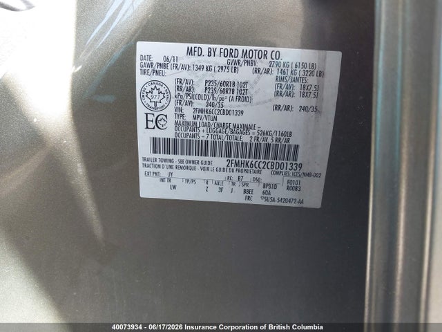 40073934 :رقم المزاد ، 2FMHK6CC2CBD01339 vin ، 2012 Ford Flex مزاد بيع