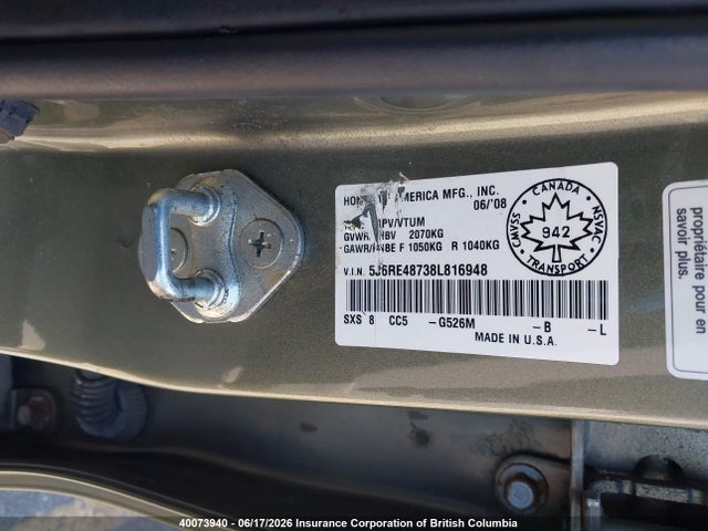 Продаж на аукціоні авто 2008 Honda Cr-v, vin: 5J6RE48738L816948, номер лоту: 40073940