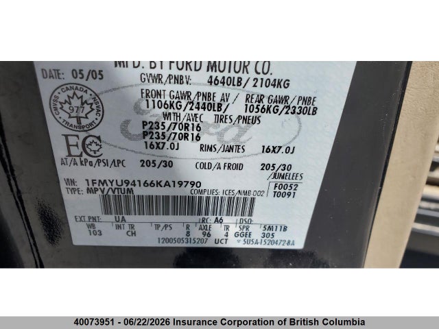 40073951 :رقم المزاد ، 1FMYU94166KA19790 vin ، 2006 Ford Escape Limited مزاد بيع