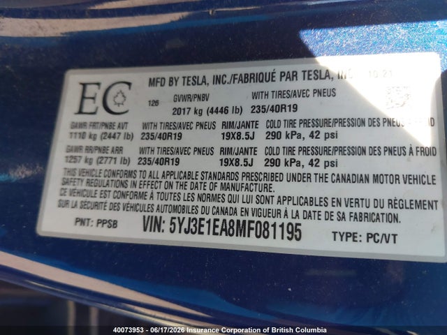 Tesla Model 3 Standard Range/standard Range Plus 2021 5YJ3E1EA8MF081195 Image 9