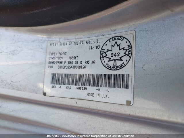2004 Honda Civic მანქანა იყიდება აუქციონზე, vin: SHHEP335X4U800126, აუქციონის ნომერი: 40073956