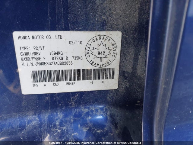 40073957 :رقم المزاد ، JHMGE8G27AC802856 vin ، 2010 Honda Fit مزاد بيع