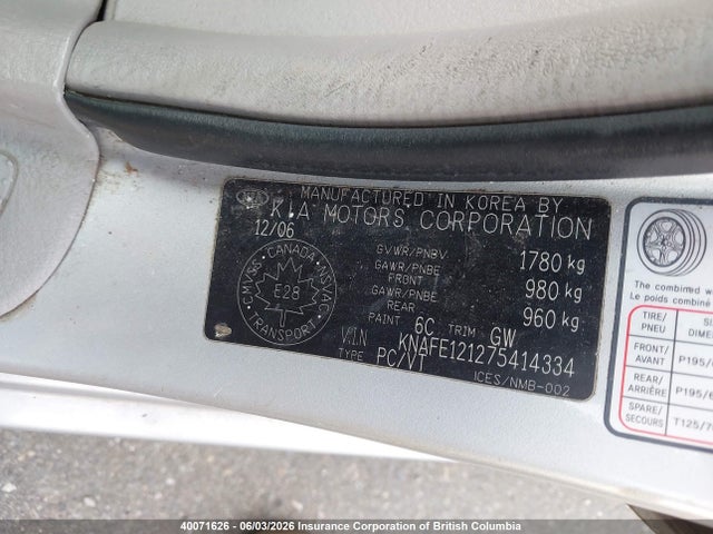 Продажа на аукционе авто 2007 Kia Spectra Ex/lx, vin: KNAFE121275414334, номер лота: 40071626