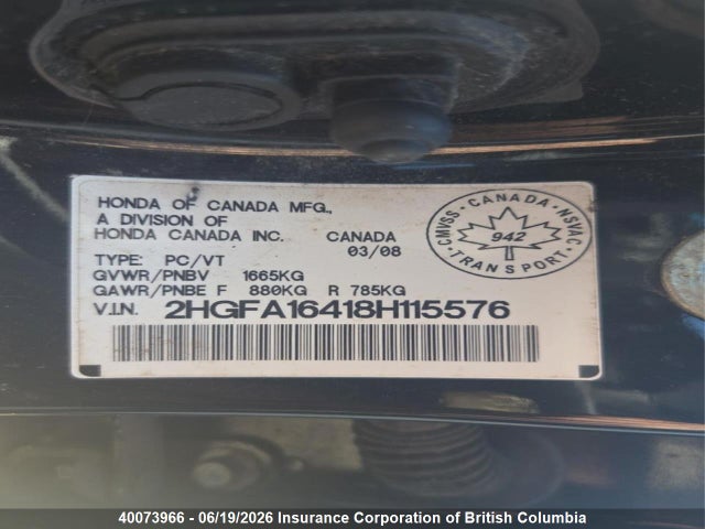 40073966 :رقم المزاد ، 2HGFA16418H115576 vin ، 2008 Honda Civic مزاد بيع