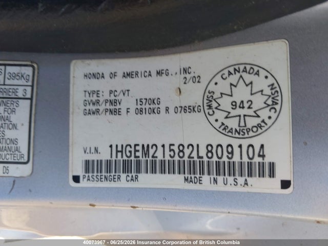 2002 Honda Civic მანქანა იყიდება აუქციონზე, vin: 1HGEM21582L809104, აუქციონის ნომერი: 40073967