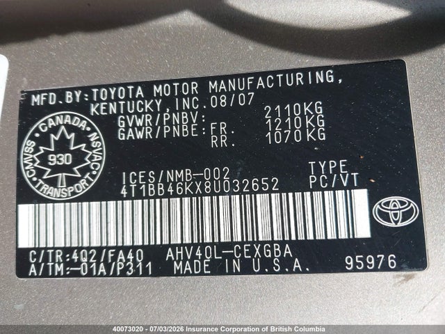 2008 Toyota Camry Hybrid მანქანა იყიდება აუქციონზე, vin: 4T1BB46KX8U032652, აუქციონის ნომერი: 40073020