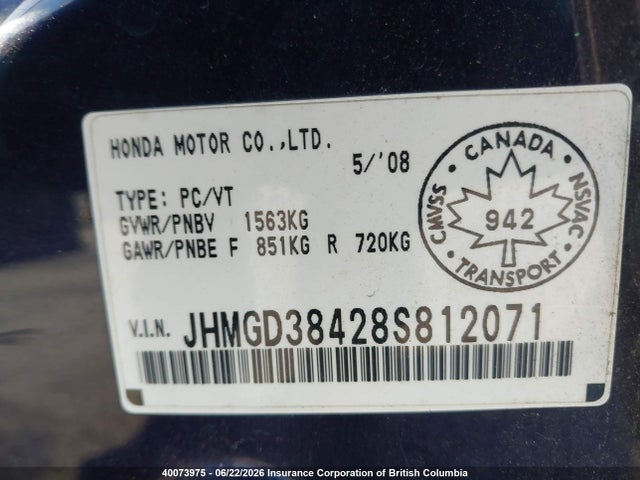 2008 Honda Fit მანქანა იყიდება აუქციონზე, vin: JHMGD38428S812071, აუქციონის ნომერი: 40073975