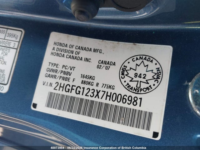 40073984 :رقم المزاد ، 2HGFG123X7H006981 vin ، 2007 Honda Civic مزاد بيع
