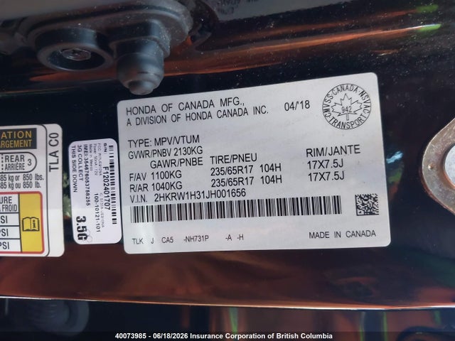 Продаж на аукціоні авто 2018 Honda Cr-v, vin: 2HKRW1H31JH001656, номер лоту: 40073985