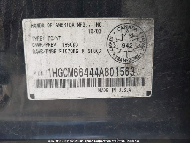 Продаж на аукціоні авто 2004 Honda Accord Ex, vin: 1HGCM66444A801563, номер лоту: 40073988