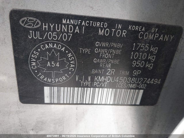 Aukcja sprzedaży 2008 Hyundai Elantra Gl/gls, vin: KMHDU45D38U274494, numer aukcji: 40073991