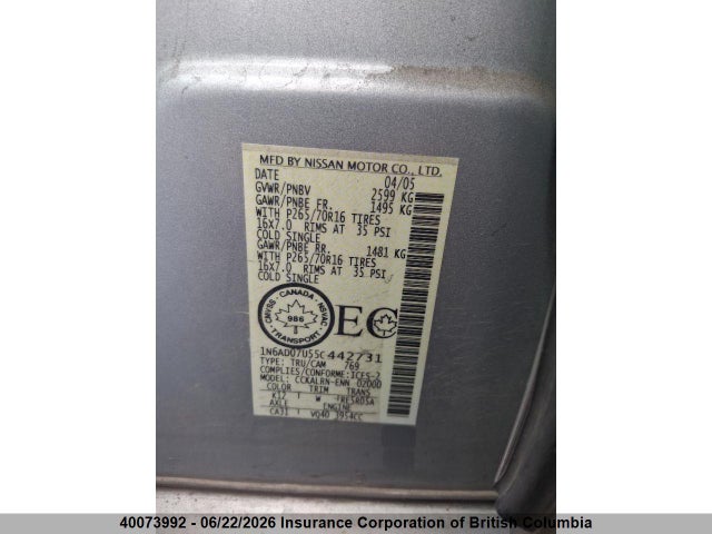 Продажа на аукционе авто 2005 Nissan Frontier Crew Cab Le/se/off Road, vin: 1N6AD07U55C442731, номер лота: 40073992