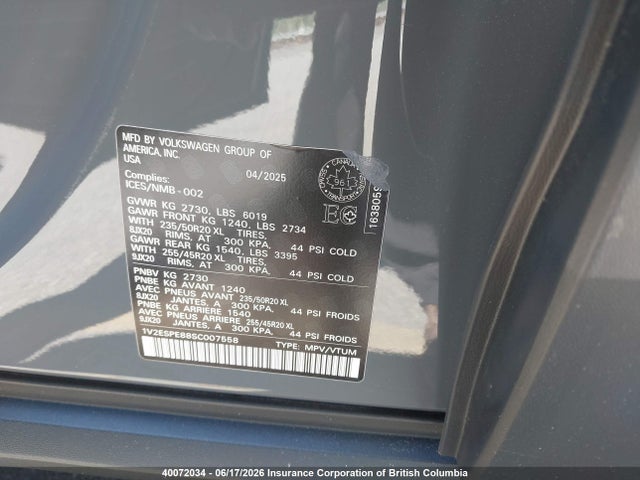 40072034 :رقم المزاد ، 1V2ESPE88SC007558 vin ، 2025 Volkswagen Id.4 Pro مزاد بيع