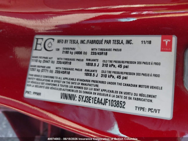 Tesla MODEL 3 2018 5YJ3E1EA4JF103852 Image 9