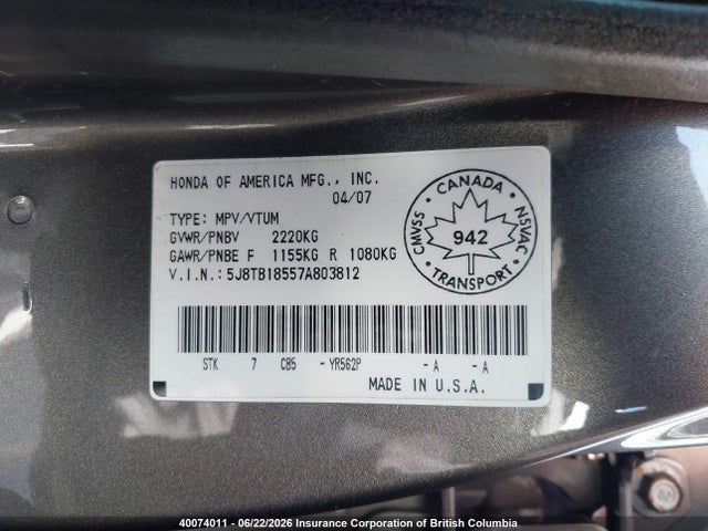 Aukcja sprzedaży 2007 Acura Rdx, vin: 5J8TB18557A803812, numer aukcji: 40074011