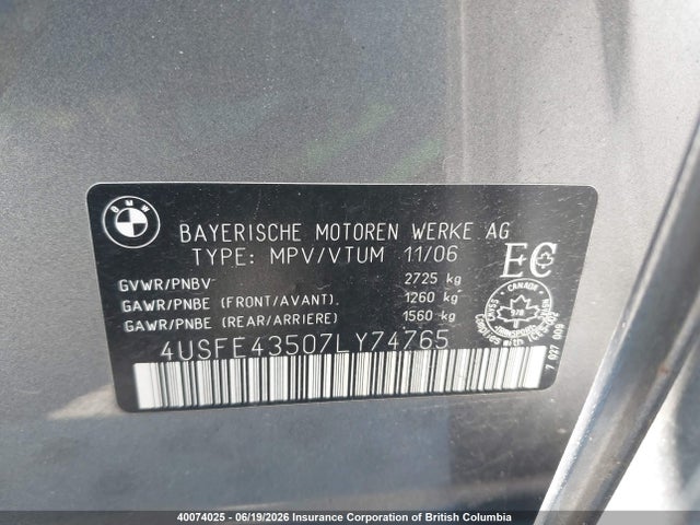 Aukcja sprzedaży 2007 Bmw X5, vin: 4USFE43507LY74765, numer aukcji: 40074025