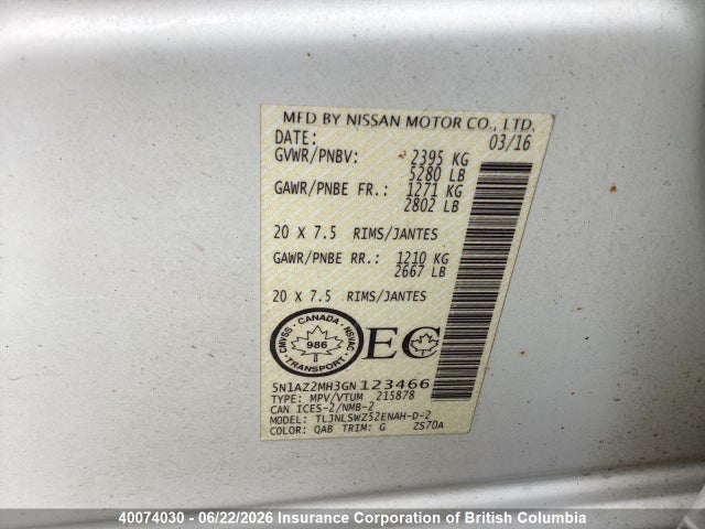 Продажа на аукционе авто 2016 Nissan Murano Platinum/sl/sv, vin: 5N1AZ2MH3GN123466, номер лота: 40074030
