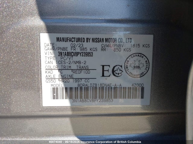 Aukcja sprzedaży 2023 Nissan Sentra Sv, vin: 3N1AB8CV8PY239853, numer aukcji: 40074040