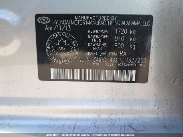 2013 Hyundai Elantra Gls/limited მანქანა იყიდება აუქციონზე, vin: 5NPDH4AE1DH327253, აუქციონის ნომერი: 40074051